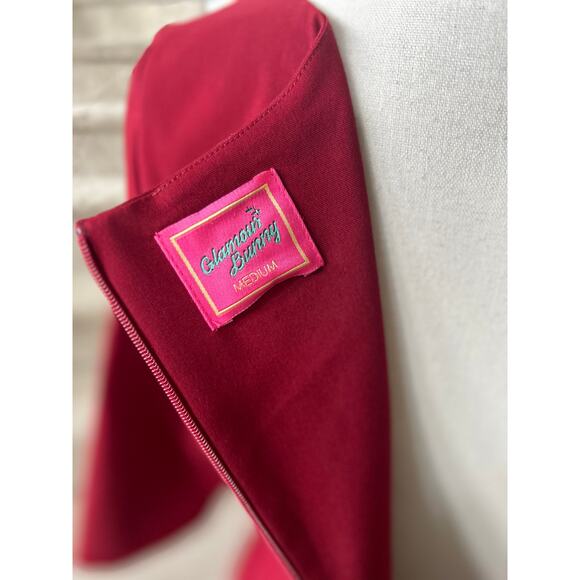 Glamour Bunny 50s Red Fit Flare Satin Trim Asymmetric Neck Tea Length Dress - Picture 5 of 7